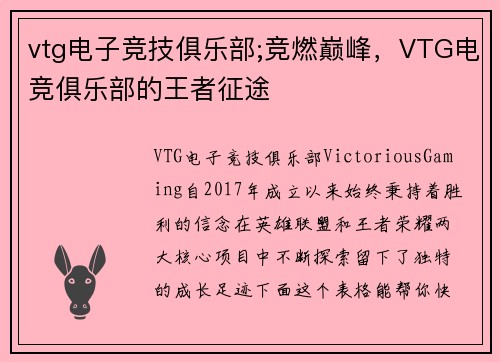 vtg电子竞技俱乐部;竞燃巅峰，VTG电竞俱乐部的王者征途