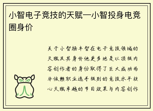 小智电子竞技的天赋—小智投身电竞圈身价
